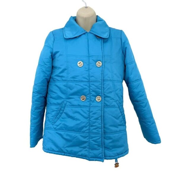 Paul Frank Women's Sz S Blue Puffer Coat Double Paul Frank Monkey Snap Closure - Picture 1 of 9